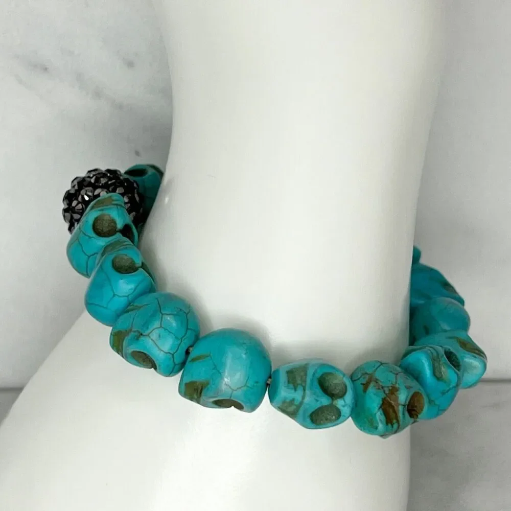 Faux Turquoise Skull Rhinestone Beaded Stretch Bracelet